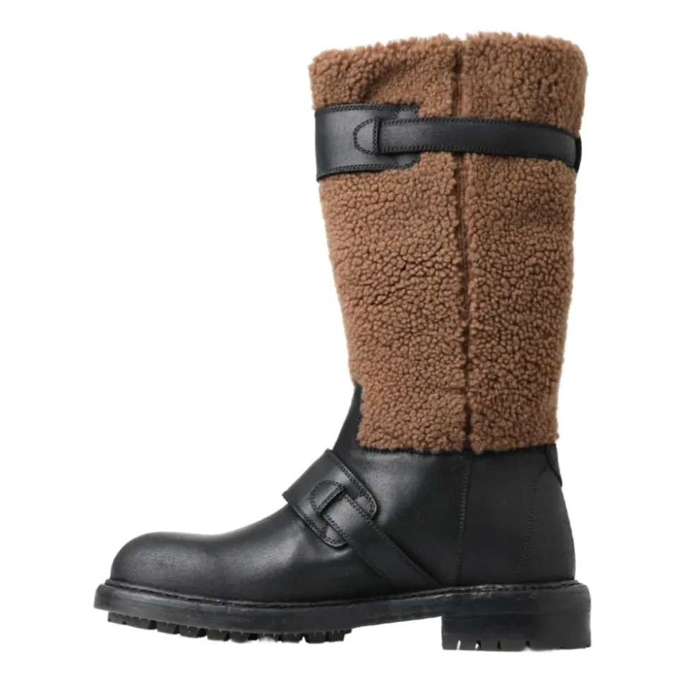 Schwarze Shearling Motorradstiefel