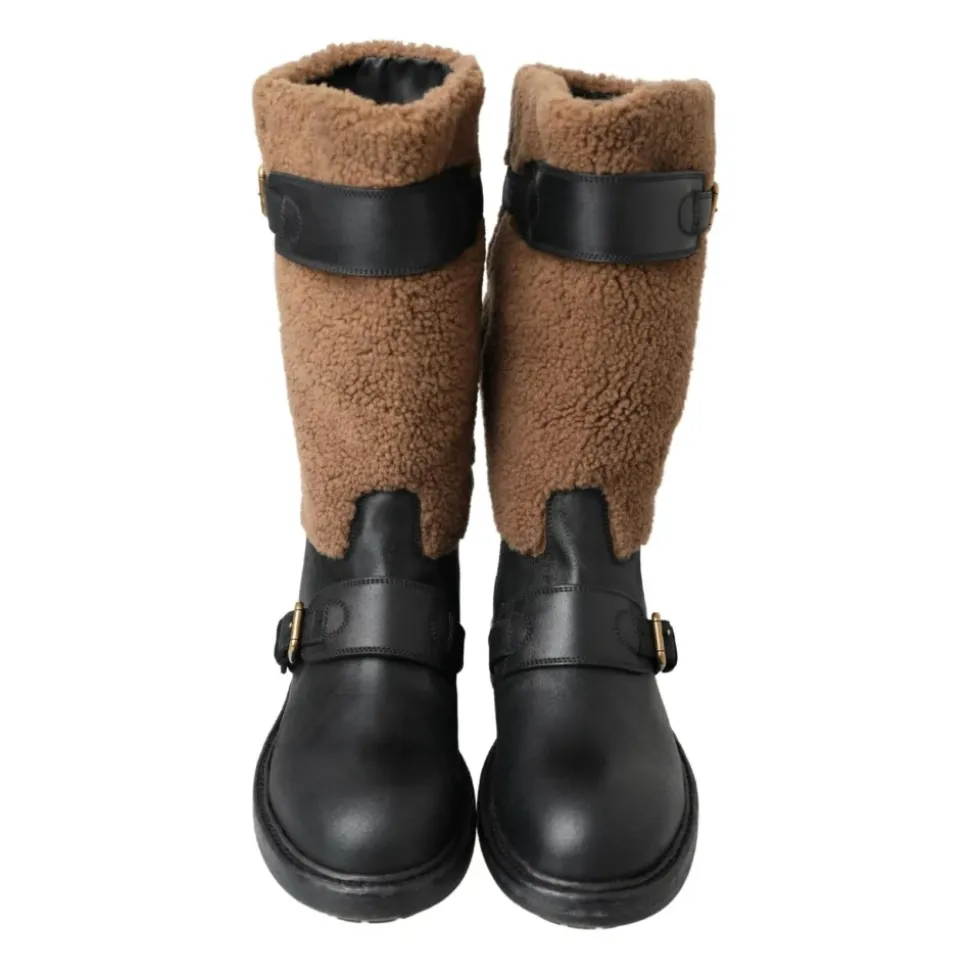 Schwarze Shearling Motorradstiefel