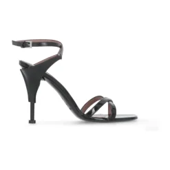 Schwarze Stiletto-Absatz Ledersandalen