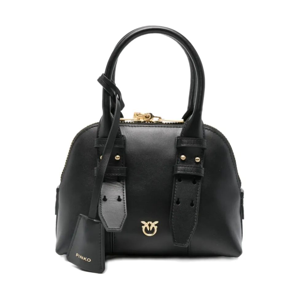 Schwarze Tasche mit oberen Griffen und goldfarbener Hardware