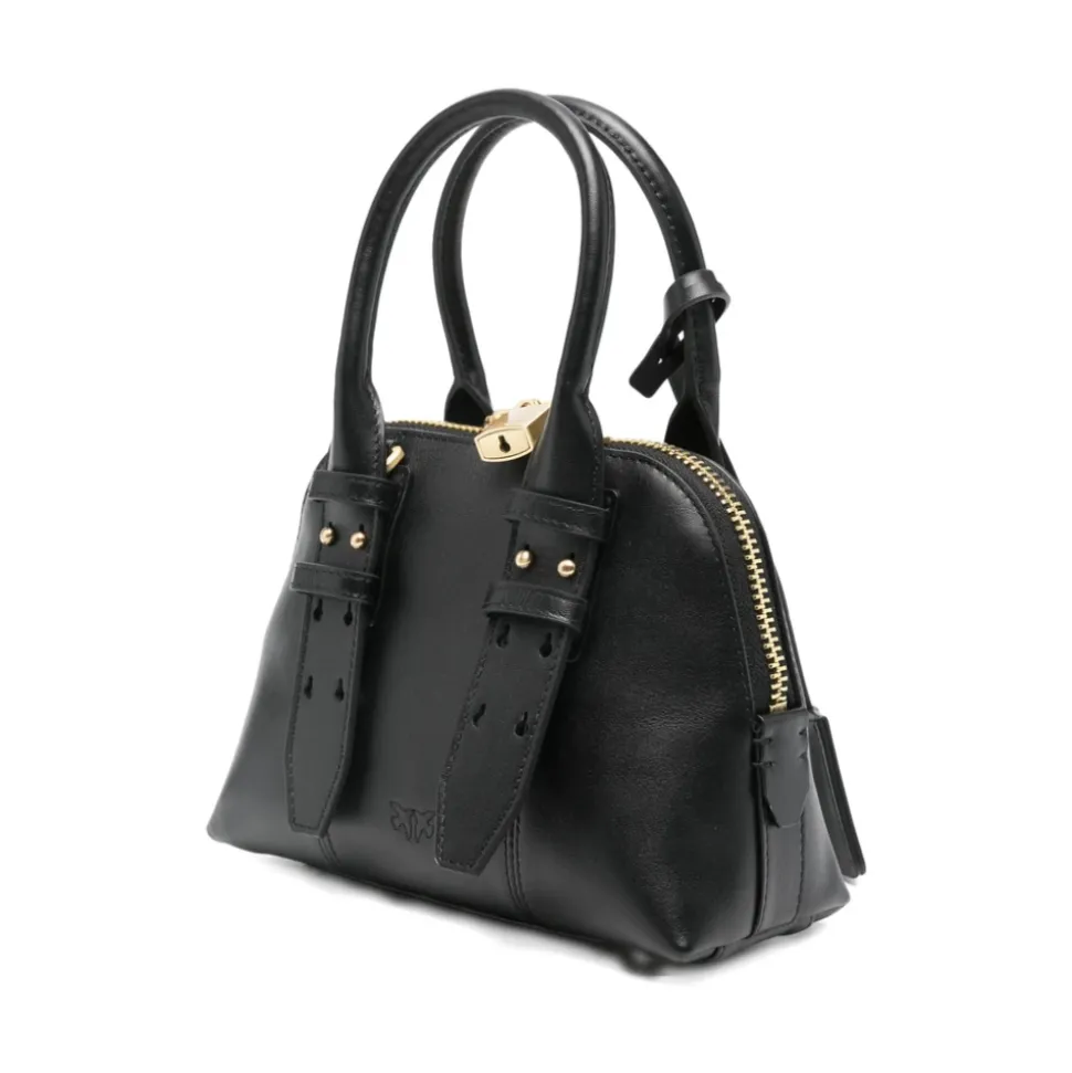 Schwarze Tasche mit oberen Griffen und goldfarbener Hardware
