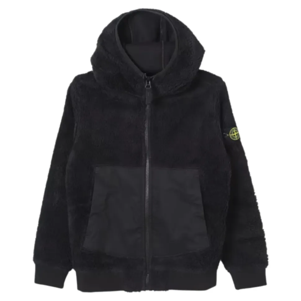 Schwarzer Shearling-Pullover mit Nylon-Einsätzen