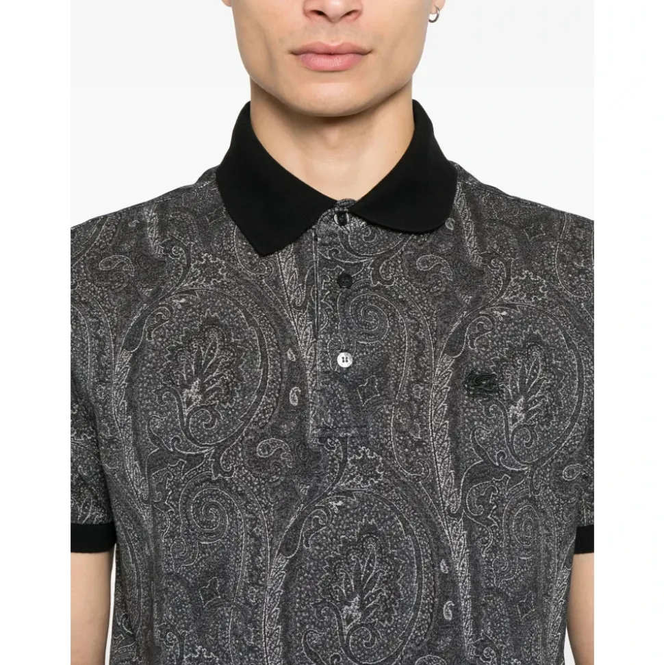 Schwarzes Baumwoll-Poloshirt mit Pegasus-Motiv