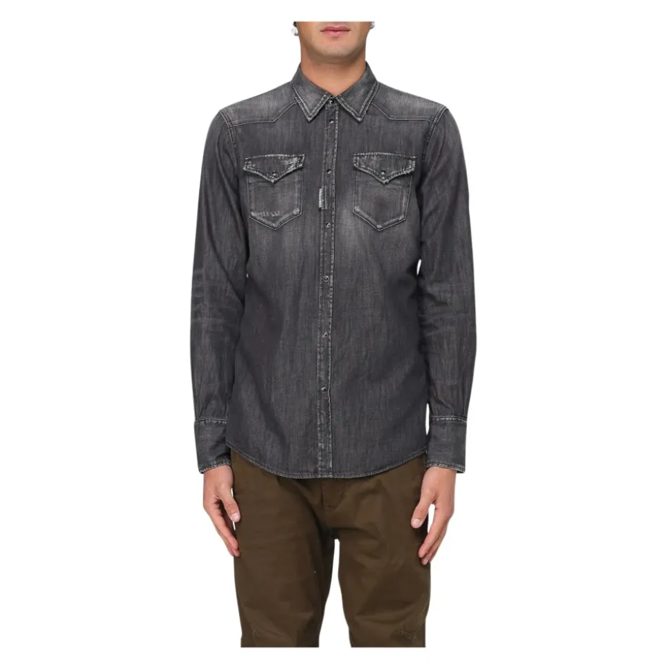 Schwarzes Distressed Denim Langarmhemd