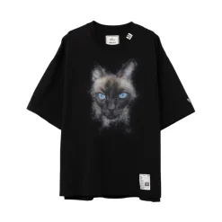 Schwarzes T-Shirt mit Katzenprint und Rundhalsausschnitt