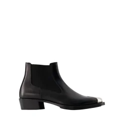 Schwarze/Silberne Leder Chelsea Boots