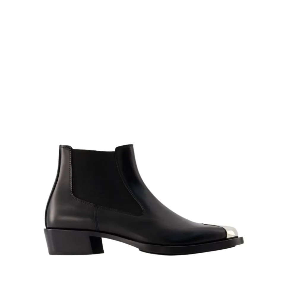 Schwarze/Silberne Leder Chelsea Boots