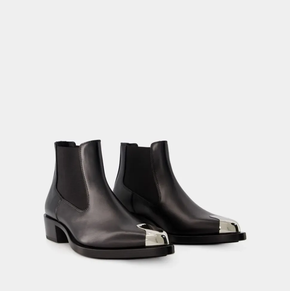 Schwarze/Silberne Leder Chelsea Boots