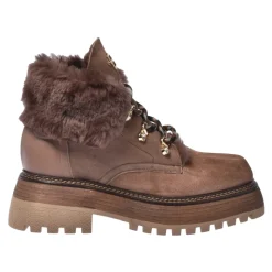 Taupefarbene Wildleder- und Schaffell-Stiefeletten
