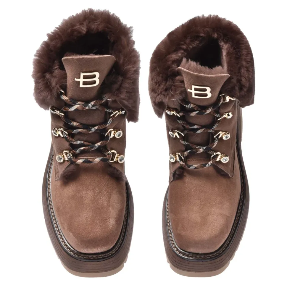 Taupefarbene Wildleder- und Schaffell-Stiefeletten
