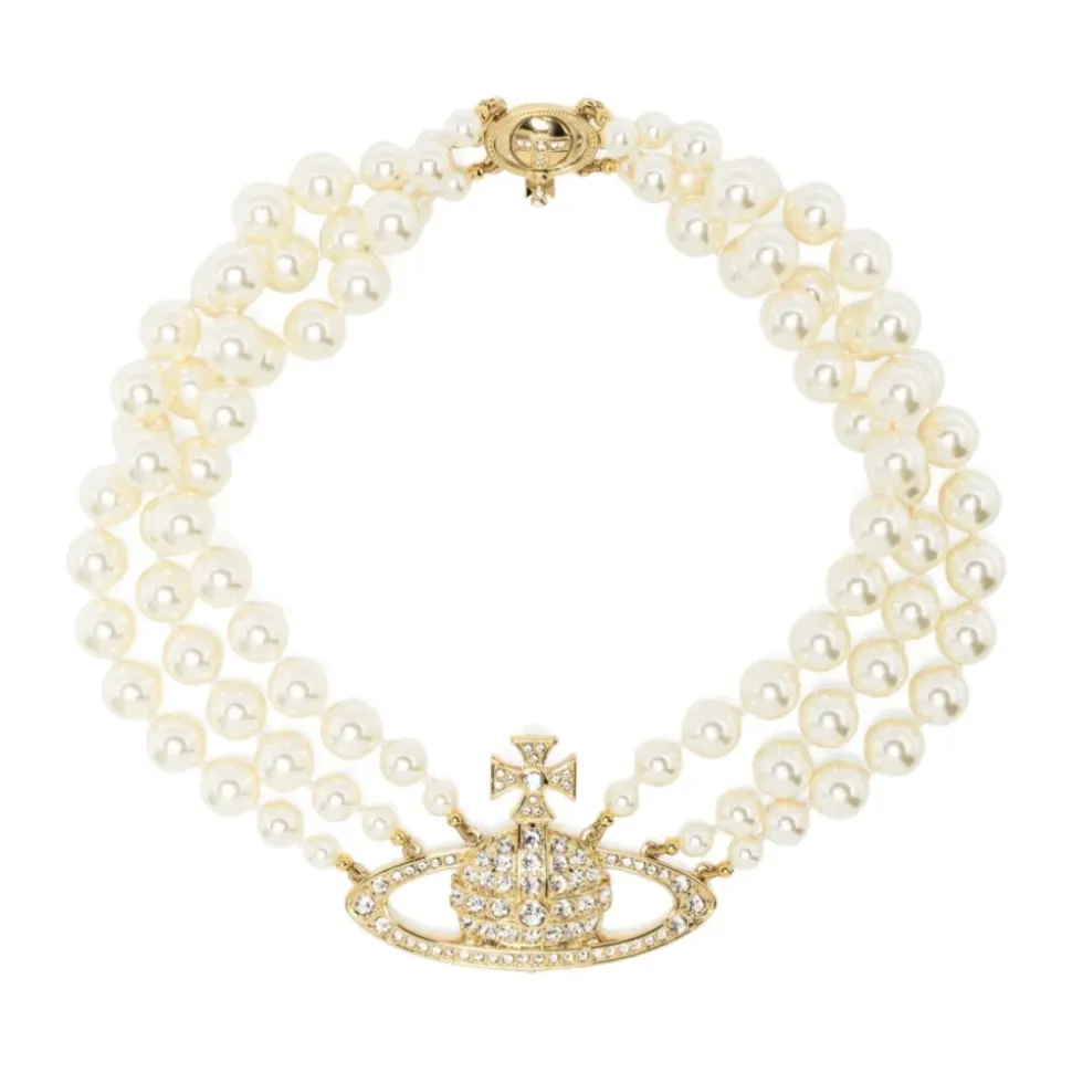 Three Row Pearl Bas Relief Gold Pearl Crystal