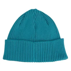 Türkis gestrickte Mütze mit Logodetail