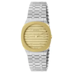 Uomo/Donna - YA163502 - 30mm Edelstahl und 18k vergoldetes Mehrschichtgehäuse, goldene Messing-Zifferblatt mit Interlocking G-Motiv, Armband mit fünf Edelstahl-Gliedern