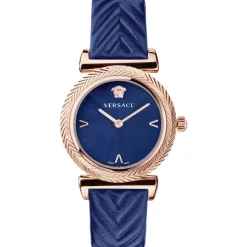 V-Motif Damenuhr Roségold Blaues Leder