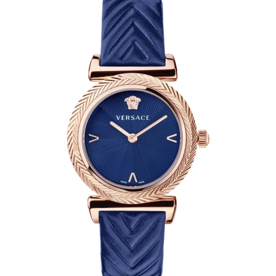 V-Motif Damenuhr Roségold Blaues Leder