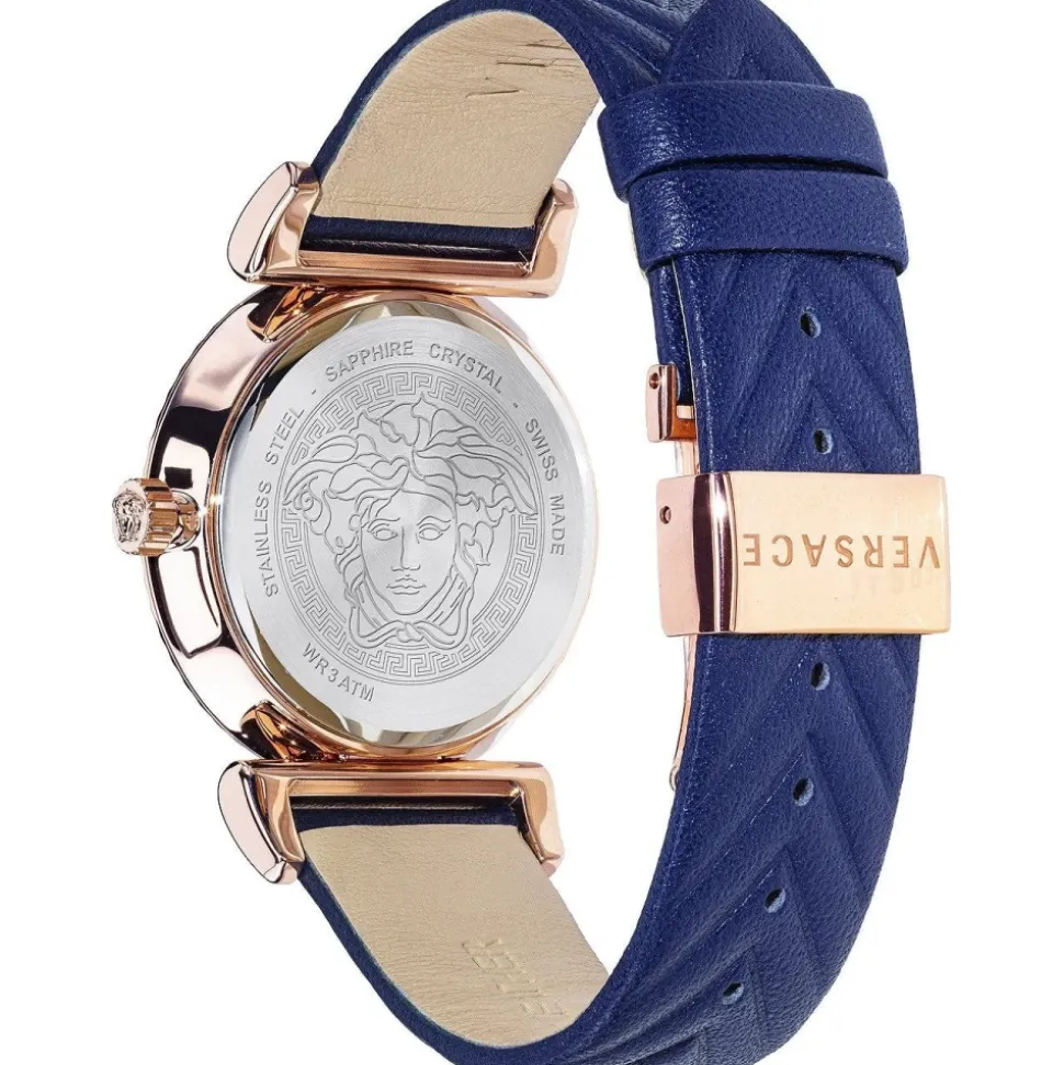V-Motif Damenuhr Roségold Blaues Leder