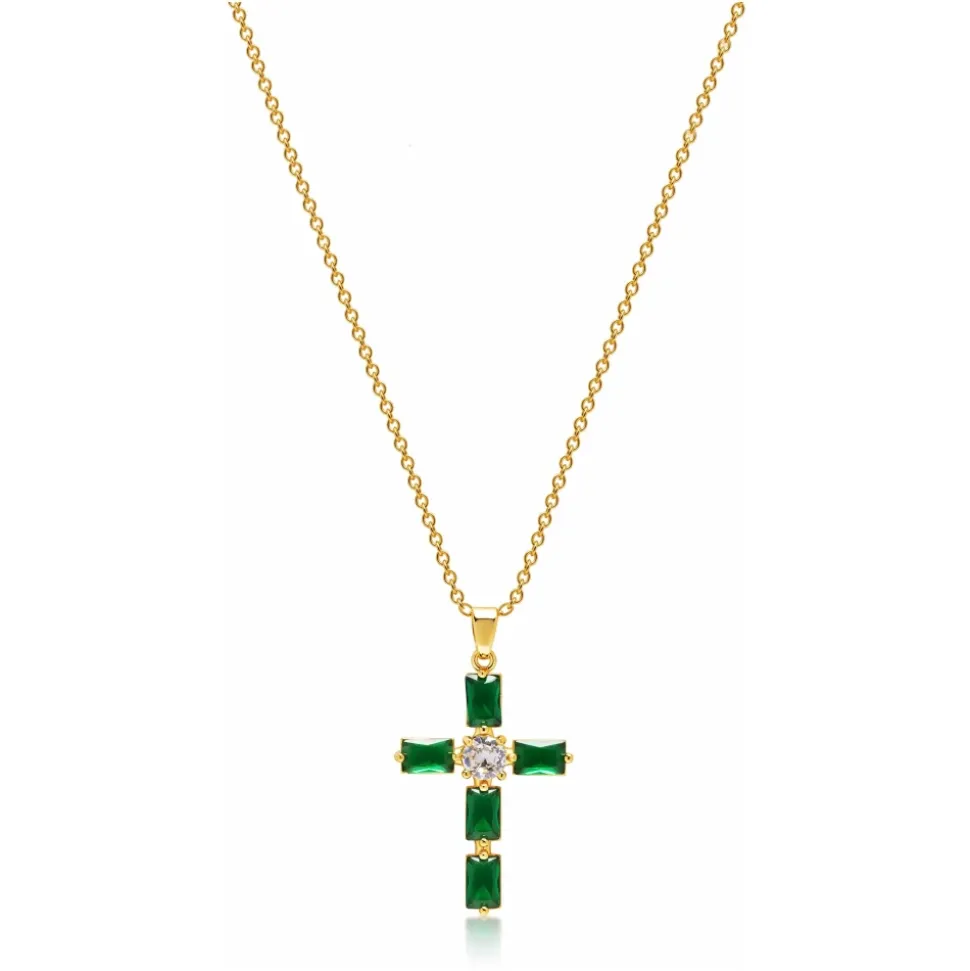 Women's Green CZ Cross Necklace