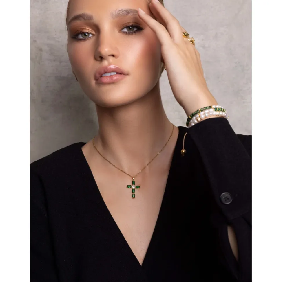 Women's Green CZ Cross Necklace