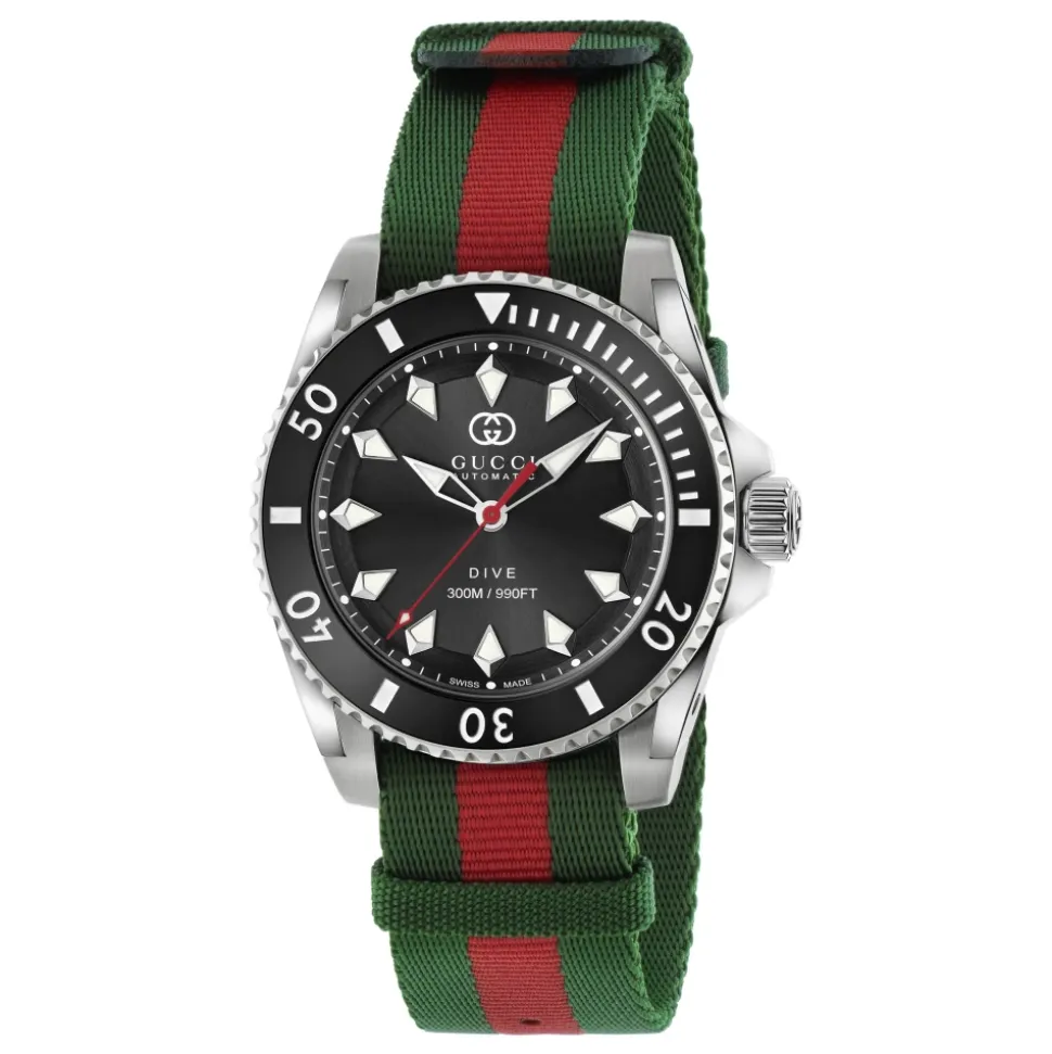 YA136364 - Dive 40 mm Edelstahlgehäuse, schwarzes Zifferblatt, Keramiklünette, Nato grün-rot-grünes Armband, Automatikwerk