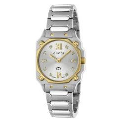 YA166503 - G-Flat 24mm Edelstahlgehäuse mit 18 kt gelbgoldbeschichteter Lünette und Schrauben; Silber galvanisiertes Zifferblatt mit römischen Indexen um 12 und 6 Uhr und Diamantindexen; Edelstahlarmband