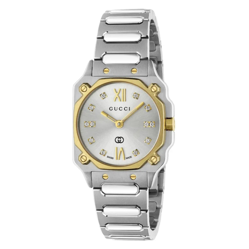 YA166503 - G-Flat 24mm Edelstahlgehäuse mit 18 kt gelbgoldbeschichteter Lünette und Schrauben; Silber galvanisiertes Zifferblatt mit römischen Indexen um 12 und 6 Uhr und Diamantindexen; Edelstahlarmband