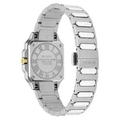 YA166503 - G-Flat 24mm Edelstahlgehäuse mit 18 kt gelbgoldbeschichteter Lünette und Schrauben; Silber galvanisiertes Zifferblatt mit römischen Indexen um 12 und 6 Uhr und Diamantindexen; Edelstahlarmband
