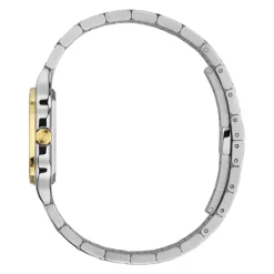 YA166503 - G-Flat 24mm Edelstahlgehäuse mit 18 kt gelbgoldbeschichteter Lünette und Schrauben; Silber galvanisiertes Zifferblatt mit römischen Indexen um 12 und 6 Uhr und Diamantindexen; Edelstahlarmband