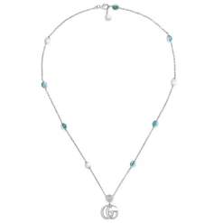 YBB527399001 - Argento 925, Madreperla, Topazio, Resina - Halskette mit Interlocking G Anhänger aus glänzendem gealtertem Sterlingsilber, Perlmutt, blauem Topas und türkisfarbener Harz